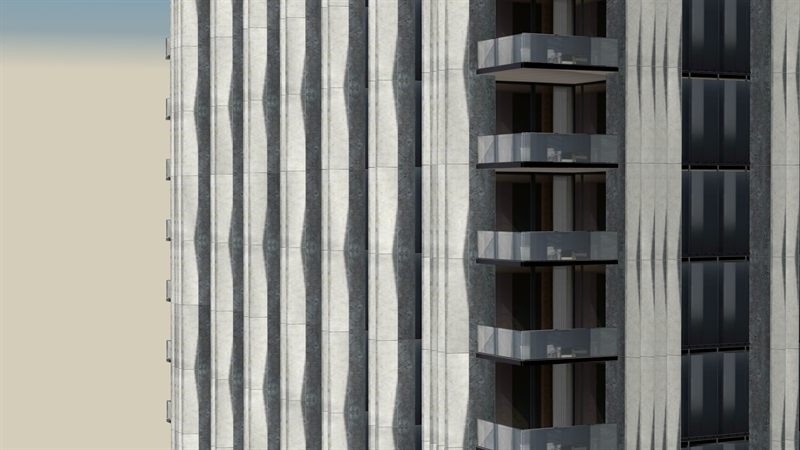 Travertine fins, dark glass and terraces of the 888 Brickell facade, 3D model