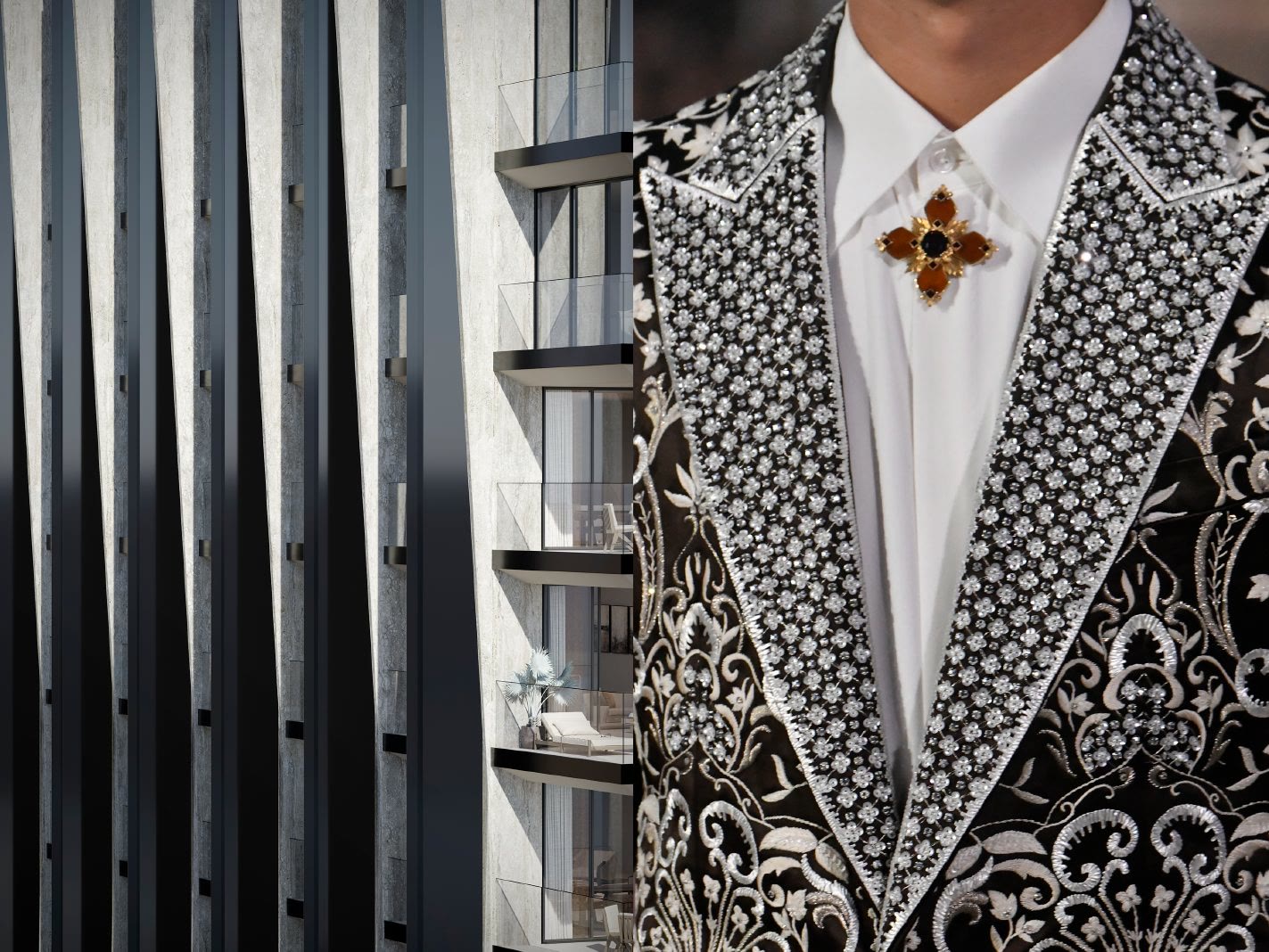 888 Brickell facade paired with Dolce and Gabbana tailoring