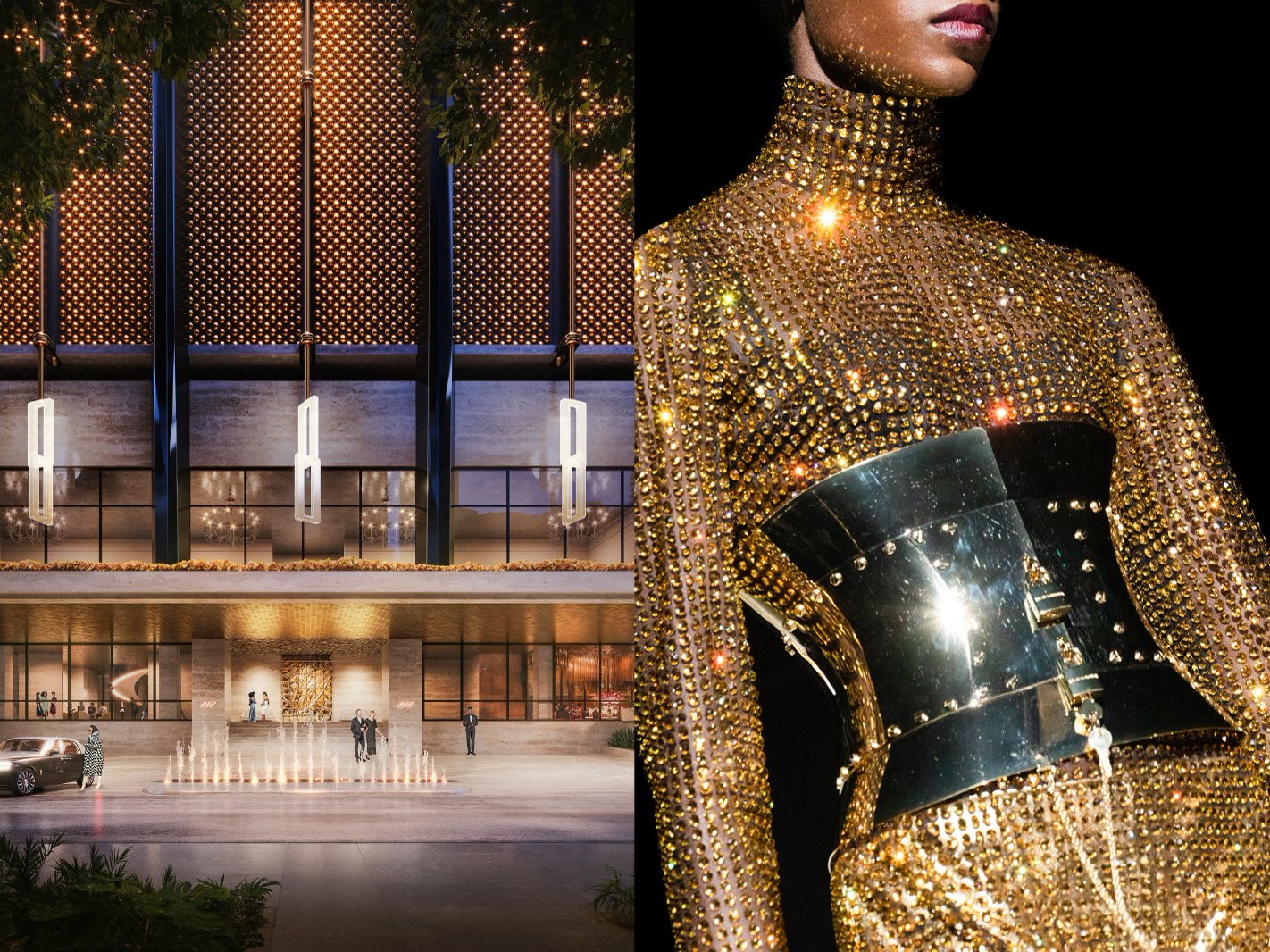 888 Brickell lobby paired with Dolce and Gabbana gold couture