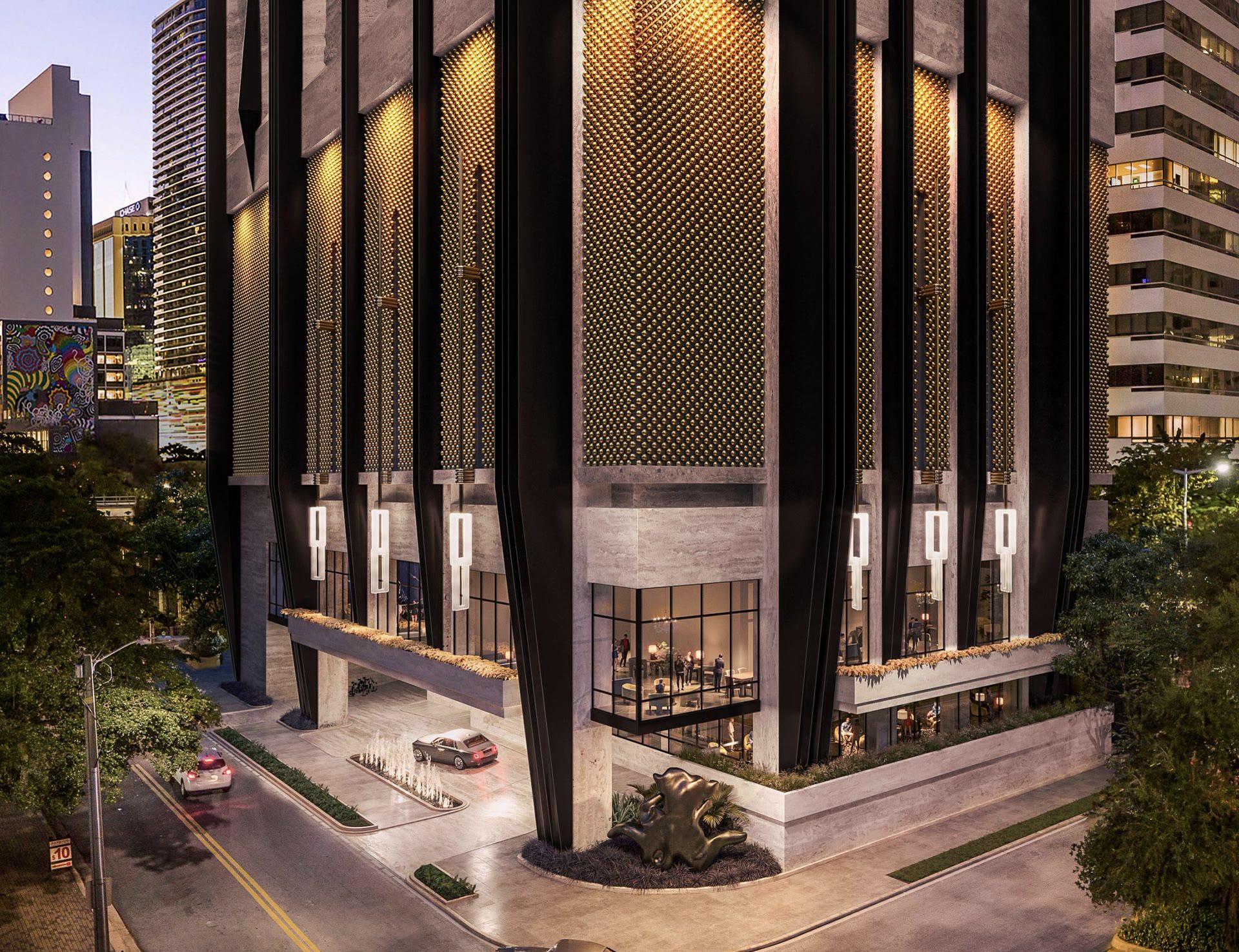 Porte cochere facade with gold beaded screen